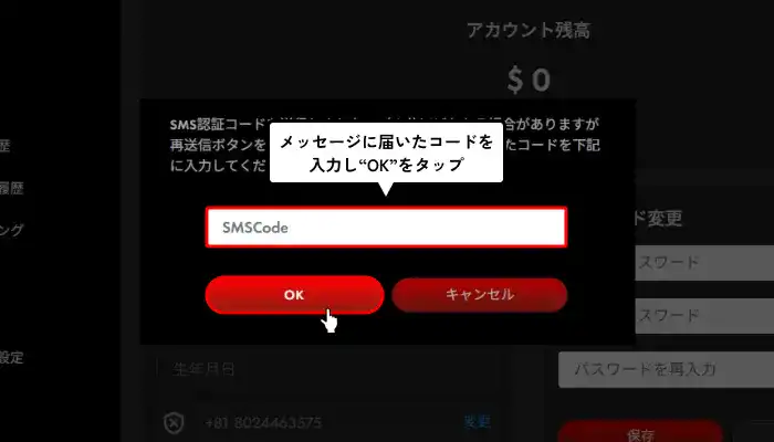 ハントカジノ入金不要ボーナス貰い方（SMSコード入力画面）
