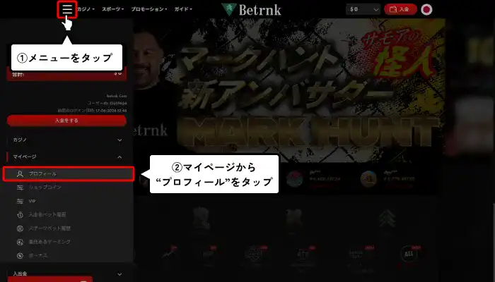 ハントカジノ入金不要ボーナス貰い方（プロフィール選択画面）