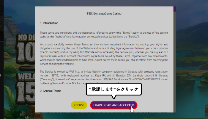 ボナンザゲーム入金不要ボーナス受取方法（利用規約同意画面）