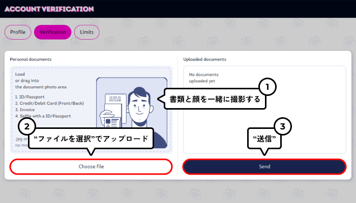 ホットラインカジノ入金不要ボーナス受取方法（本人確認書類提出画面）