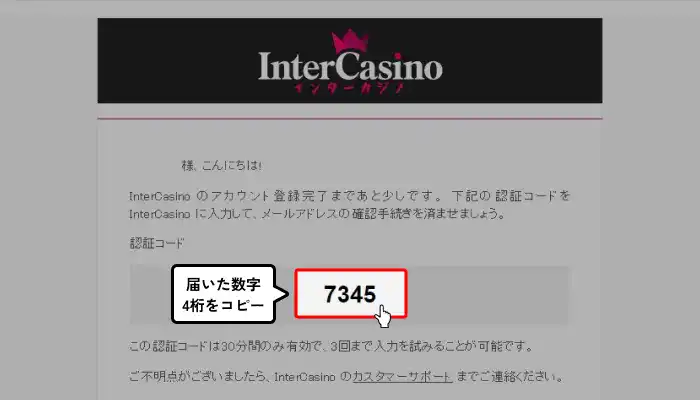 インターカジノ入金不要ボーナス受け取り方（メールアドレス認証コード画面）