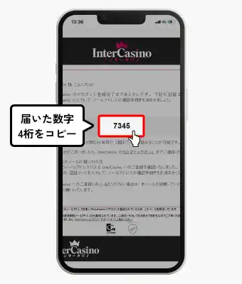 インターカジノ入金不要ボーナス受け取り方（メールアドレス認証コード画面）