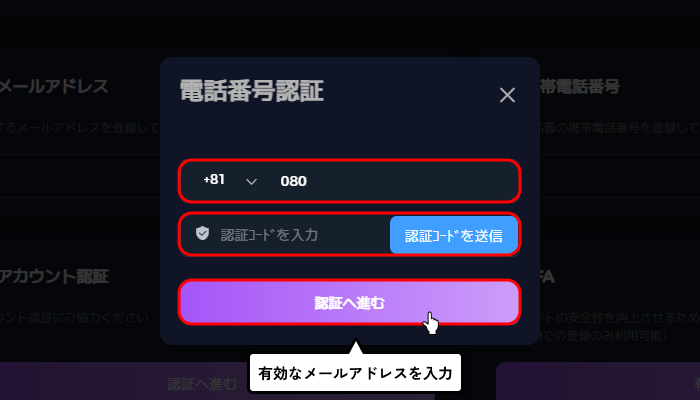 パズルカジノ入金不要ボーナス受取方法（電話番号認証画面）