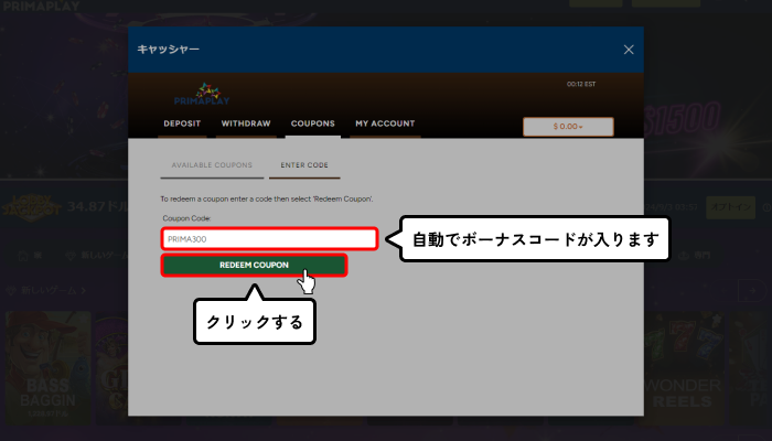 プリマプレイ初回入金ボーナス受取方法（ボーナスコード入力画面）