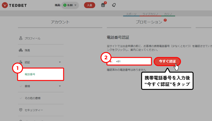 テッドベット入金不要ボーナス受取方法（電話番号認証画面）