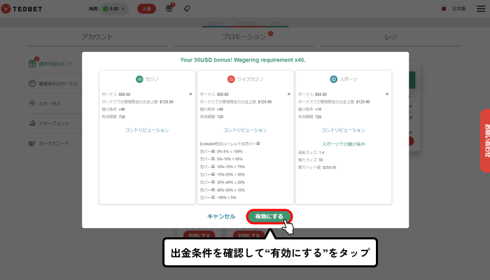 テッドベット入金不要ボーナス受取方法（ボーナス有効化画面）