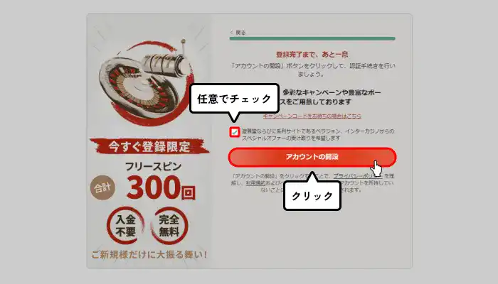 遊雅堂入金不要ボーナス受け取り手順（個人情報入力完了画面）